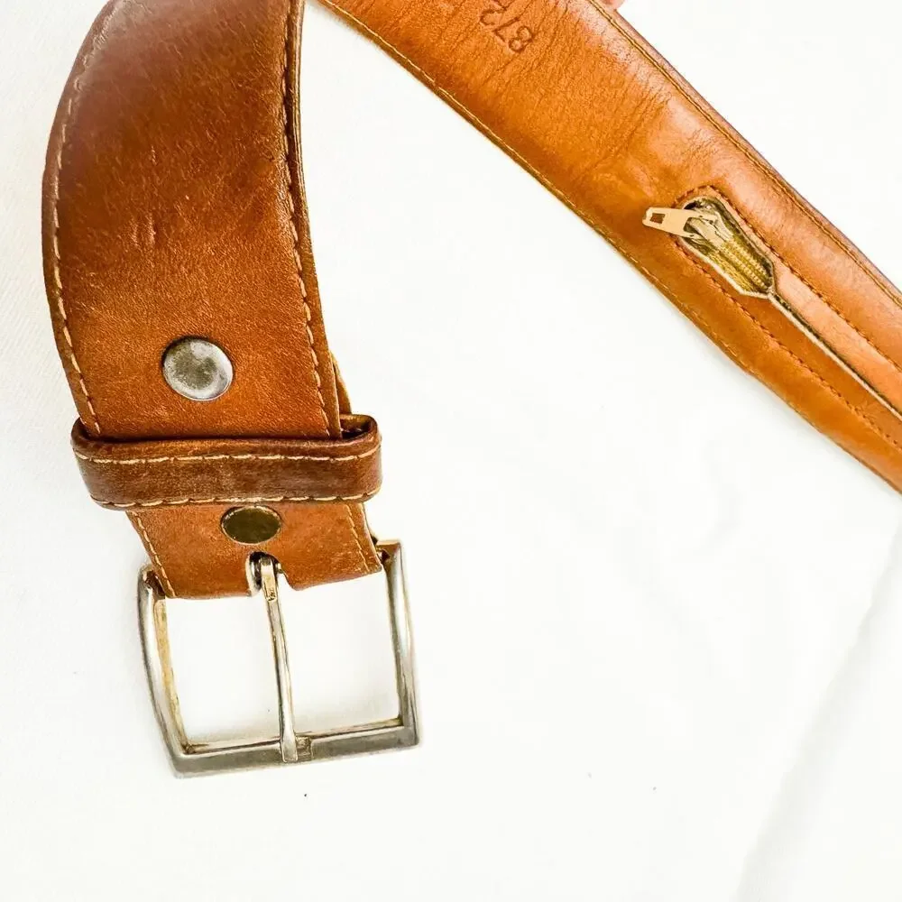 Brown Leather Belt Hidden Inside Pocket Zippered Silver Buckle Size 42